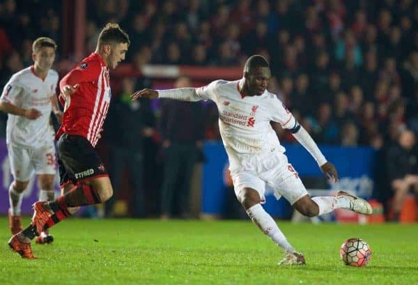 EXETER, ENGLAND - Friday, January 8, 2016: Liverpool's Christian Benteke in action against Exeter City during the FA Cup 3rd Round match at St. James Park. (Pic by David Rawcliffe/Propaganda)