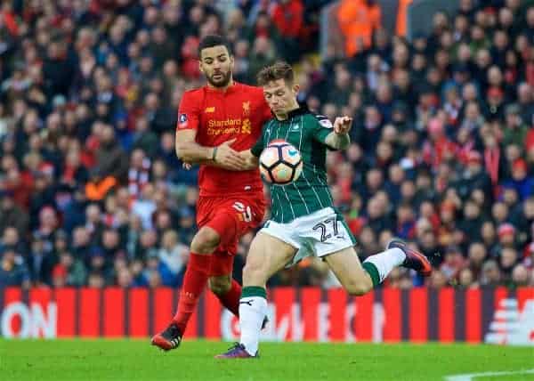 LIVERPOOL, ENGLAND - Saturday, January 7, 2017: Liverpool's xxxx in action against Plymouth Argyle during the FA Cup 3rd Round match at Anfield. (Pic by David Rawcliffe/Propaganda)