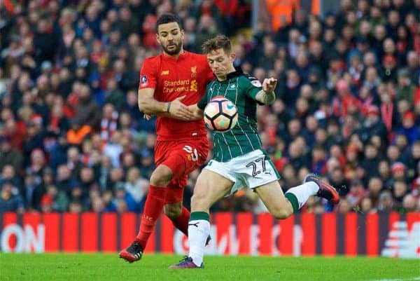 LIVERPOOL, ENGLAND - Saturday, January 7, 2017: Liverpool's xxxx in action against Plymouth Argyle during the FA Cup 3rd Round match at Anfield. (Pic by David Rawcliffe/Propaganda)