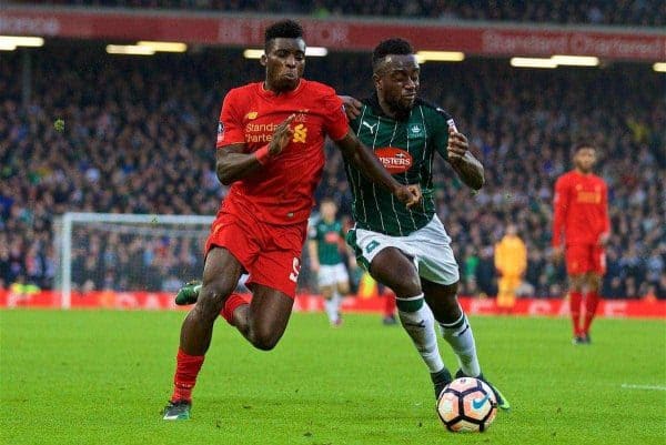 LIVERPOOL, ENGLAND - Saturday, January 7, 2017: Liverpool's Sheyi Ojo in action against Plymouth Argyle during the FA Cup 3rd Round match at Anfield. (Pic by David Rawcliffe/Propaganda)