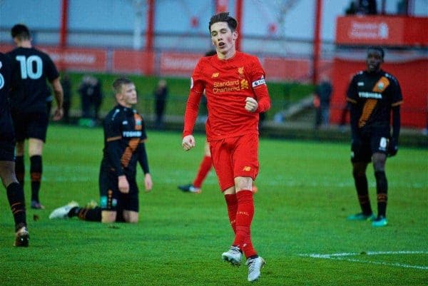 KIRKBY, ENGLAND - Tuesday, January 10, 2017: Liverpool's captain Harry Wilson celebrates scoring the second goal against Barnet during an Under-23 friendly match at the Kirkby Academy. (Pic by David Rawcliffe/Propaganda)