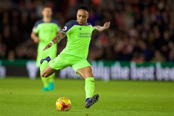 SOUTHAMPTON, ENGLAND - Wednesday, January 11, 2017: Liverpool's Nathaniel Clyne in action against Southampton during the Football League Cup Semi-Final 1st Leg match at St. Mary's Stadium. (Pic by David Rawcliffe/Propaganda)