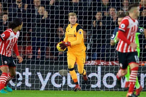 SOUTHAMPTON, ENGLAND - Wednesday, January 11, 2017: Liverpool's goalkeeper Loris Karius in action against Southampton during the Football League Cup Semi-Final 1st Leg match at St. Mary's Stadium. (Pic by David Rawcliffe/Propaganda)