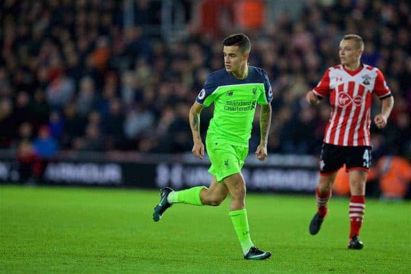 SOUTHAMPTON, ENGLAND - Wednesday, January 11, 2017: Liverpool's Philippe Coutinho Correia in action against Southampton during the Football League Cup Semi-Final 1st Leg match at St. Mary's Stadium. (Pic by David Rawcliffe/Propaganda)