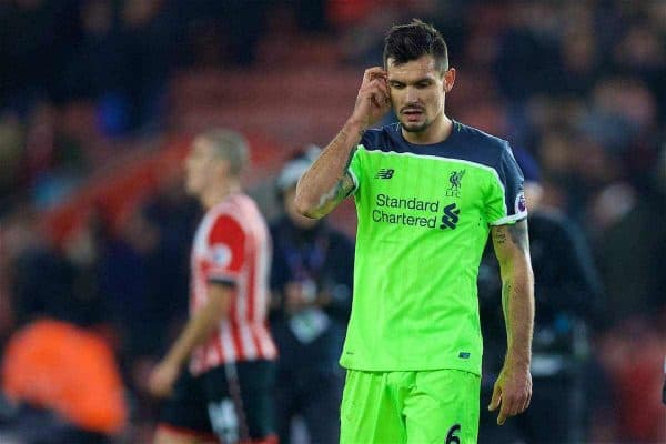 SOUTHAMPTON, ENGLAND - Wednesday, January 11, 2017: Liverpool's Dejan Lovren looks dejected as his side lose 1-0 to Southampton during the Football League Cup Semi-Final 1st Leg match at St. Mary's Stadium. (Pic by David Rawcliffe/Propaganda)