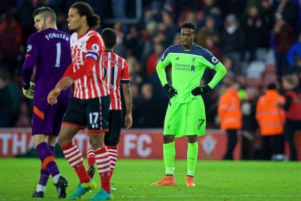 SOUTHAMPTON, ENGLAND - Wednesday, January 11, 2017: Liverpool's Divock Origi looks dejected as his side lose 1-0 to Southampton during the Football League Cup Semi-Final 1st Leg match at St. Mary's Stadium. (Pic by David Rawcliffe/Propaganda)