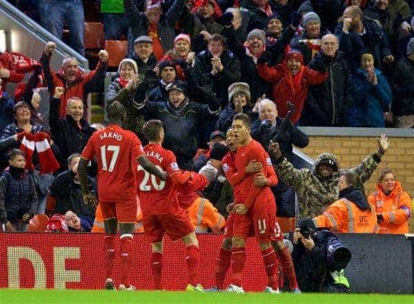 LIVERPOOL, ENGLAND - Wednesday, January 13, 2016: Liverpool's Roberto Firmino celebrates scoring the first goal against Arsenal during the Premier League match at Anfield. (Pic by David Rawcliffe/Propaganda)