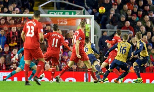 LIVERPOOL, ENGLAND - Wednesday, January 13, 2016: Liverpool's Roberto Firmino scores the second goal against Arsenal during the Premier League match at Anfield. (Pic by David Rawcliffe/Propaganda)