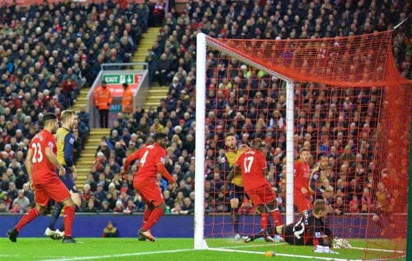 LIVERPOOL, ENGLAND - Wednesday, January 13, 2016: Arsenal's Oliver Giroud scores the second equalising goal against during the Premier League match at Anfield. (Pic by David Rawcliffe/Propaganda)