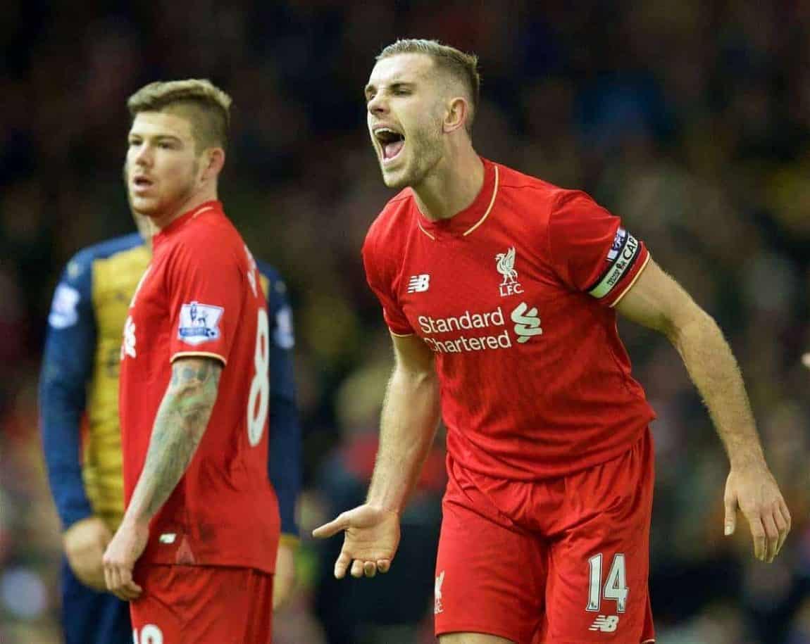 LIVERPOOL, ENGLAND - Wednesday, January 13, 2016: Liverpool's captain Jordan Henderson in action against Arsenal during the Premier League match at Anfield. (Pic by David Rawcliffe/Propaganda)