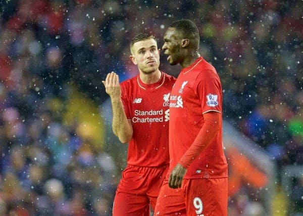 LIVERPOOL, ENGLAND - Wednesday, January 13, 2016: Liverpool's captain Jordan Henderson and Christian Benteke during the Premier League match against Arsenal at Anfield. (Pic by David Rawcliffe/Propaganda)