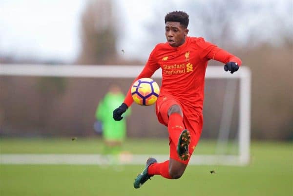 HALEWOOD, ENGLAND - Saturday, January 14, 2017: Liverpool's Okera Simmonds in action against Everton during an Under-18 FA Premier League match at Finch Farm. (Pic by David Rawcliffe/Propaganda)