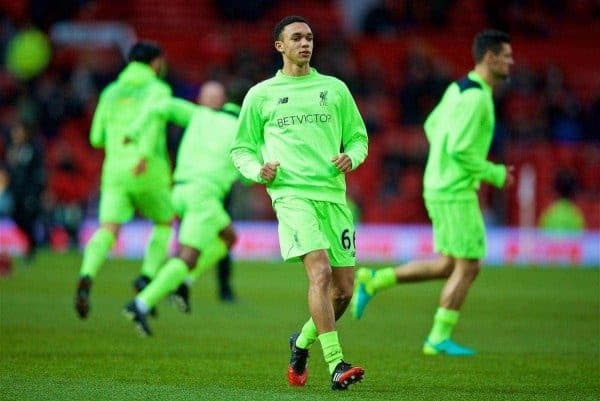 MANCHESTER, ENGLAND - Sunday, January 15, 2017: Liverpool's Trent Alexander-Arnold warms-up before the FA Premier League match against Manchester United at Old Trafford. (Pic by David Rawcliffe/Propaganda)