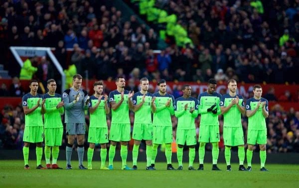 MANCHESTER, ENGLAND - Sunday, January 15, 2017: Liverpool players stand for a minute's applause to remember former England manager Graham, Taylor before the FA Premier League match against Manchester United at Old Trafford. (Pic by David Rawcliffe/Propaganda)