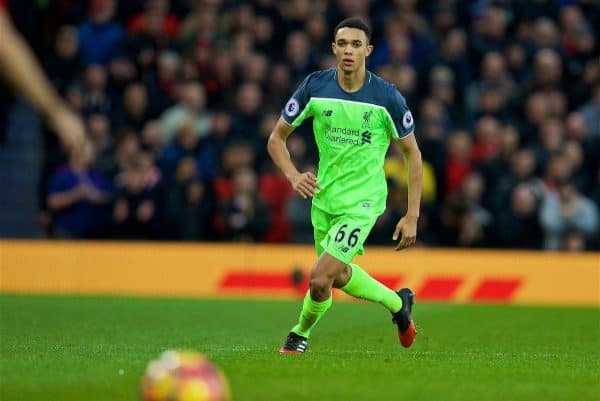 MANCHESTER, ENGLAND - Sunday, January 15, 2017: Liverpool's Trent Alexander-Arnold in action against Manchester United during the FA Premier League match at Old Trafford. (Pic by David Rawcliffe/Propaganda)