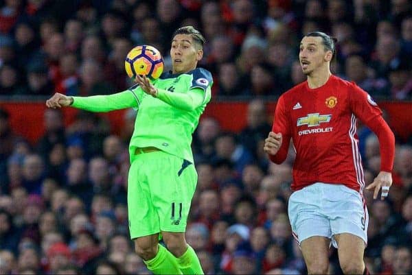 MANCHESTER, ENGLAND - Sunday, January 15, 2017: Liverpool's Roberto Firmino in action against Manchester United's Zlatan Ibrahimovic during the FA Premier League match at Old Trafford. (Pic by David Rawcliffe/Propaganda)