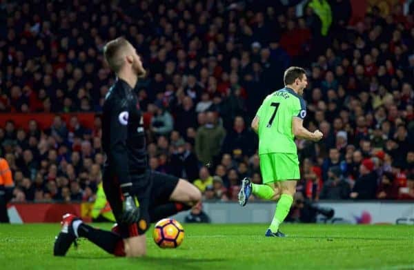 MANCHESTER, ENGLAND - Sunday, January 15, 2017: Liverpool's James Milner celebrates scoring the first goal against Manchester United's goalkeeper David de Gea from the penalty spot during the FA Premier League match at Old Trafford. (Pic by David Rawcliffe/Propaganda)