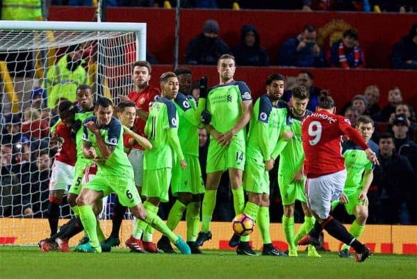 MANCHESTER, ENGLAND - Sunday, January 15, 2017: Liverpool players defend a free-kick from Manchester United's Zlatan Ibrahimovic during the FA Premier League match at Old Trafford. (Pic by David Rawcliffe/Propaganda)