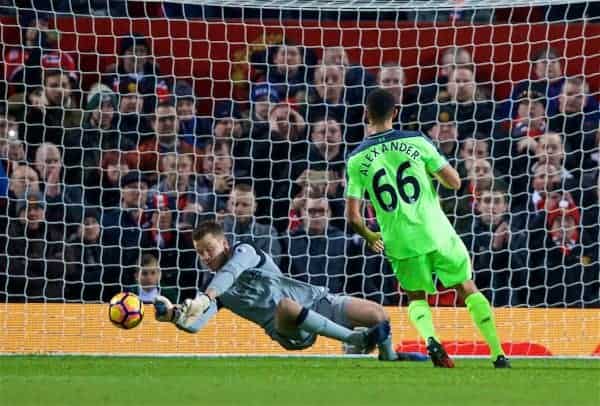 MANCHESTER, ENGLAND - Sunday, January 15, 2017: Liverpool's goalkeeper Simon Mignolet makes a save from a free-kick from Manchester United's Zlatan Ibrahimovic during the FA Premier League match at Old Trafford. (Pic by David Rawcliffe/Propaganda)