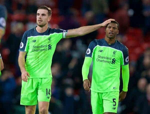 MANCHESTER, ENGLAND - Sunday, January 15, 2017: Liverpool's Georginio Wijnaldum is consoled by captain Jordan Henderson as he looks dejected after drawing 1-1 with Manchester United during the FA Premier League match at Old Trafford. (Pic by David Rawcliffe/Propaganda)