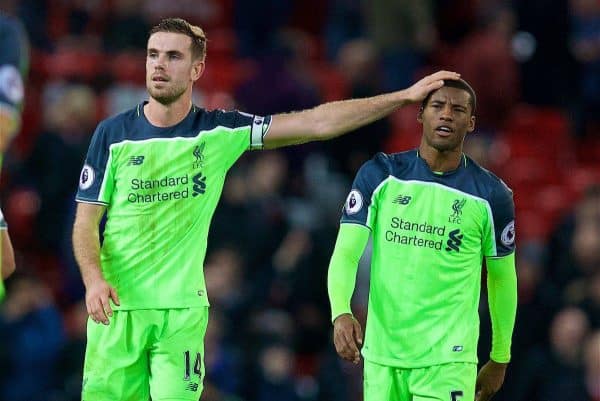 MANCHESTER, ENGLAND - Sunday, January 15, 2017: Liverpool's Georginio Wijnaldum is consoled by captain Jordan Henderson as he looks dejected after drawing 1-1 with Manchester United during the FA Premier League match at Old Trafford. (Pic by David Rawcliffe/Propaganda)