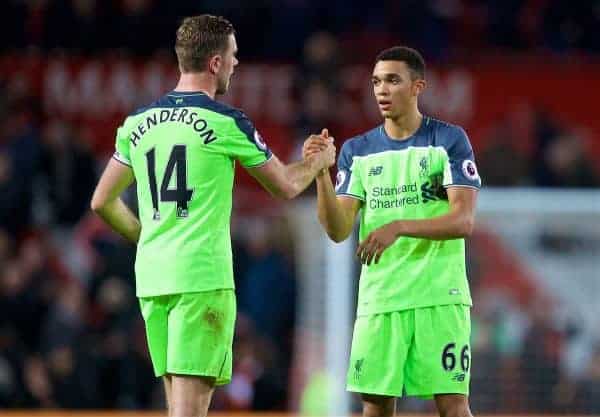 MANCHESTER, ENGLAND - Sunday, January 15, 2017: Liverpool's captain Jordan Henderson congratulates Trent Alexander-Arnold after his debut during the FA Premier League match against Manchester United at Old Trafford. (Pic by David Rawcliffe/Propaganda)