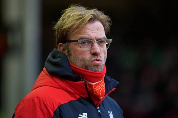LIVERPOOL, ENGLAND - Sunday, January 17, 2016: Liverpool's manager Jürgen Klopp before the Premier League match against Manchester United at Anfield. (Pic by David Rawcliffe/Propaganda)
