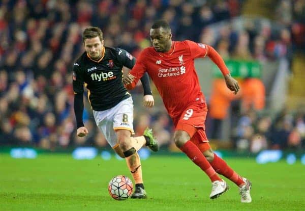 LIVERPOOL, ENGLAND - Wednesday, January 20, 2016: Liverpool's Christian Benteke in action against Exeter City's captain Matt Oakley during the FA Cup 3rd Round Replay match at Anfield. (Pic by David Rawcliffe/Propaganda)