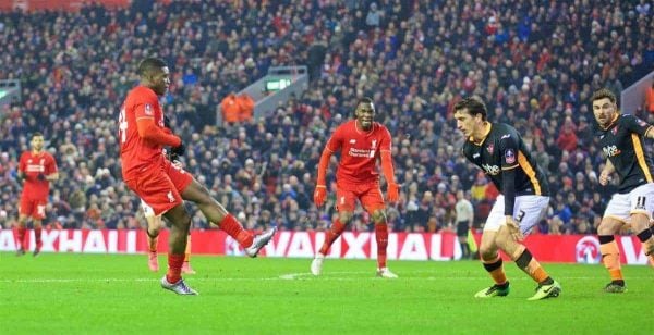LIVERPOOL, ENGLAND - Wednesday, January 20, 2016: Liverpool's Sheyi Ojo scores the second goal against Exeter City during the FA Cup 3rd Round Replay match at Anfield. (Pic by David Rawcliffe/Propaganda)