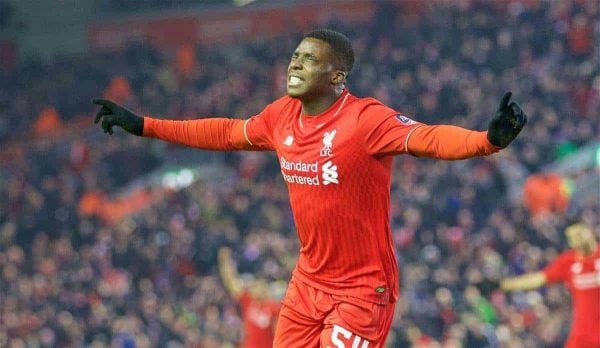 LIVERPOOL, ENGLAND - Wednesday, January 20, 2016: Liverpool's Sheyi Ojo celebrates scoring the second goal against Exeter City during the FA Cup 3rd Round Replay match at Anfield. (Pic by David Rawcliffe/Propaganda)