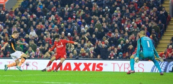 LIVERPOOL, ENGLAND - Wednesday, January 20, 2016: Liverpool's Joao Carlos Teixeira scores the third goal against Exeter City during the FA Cup 3rd Round Replay match at Anfield. (Pic by David Rawcliffe/Propaganda)