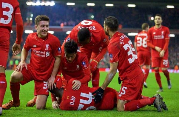 LIVERPOOL, ENGLAND - Wednesday, January 20, 2016: Liverpool's Sheyi Ojo celebrates scoring the second goal against Exeter City during the FA Cup 3rd Round Replay match at Anfield. (Pic by David Rawcliffe/Propaganda)