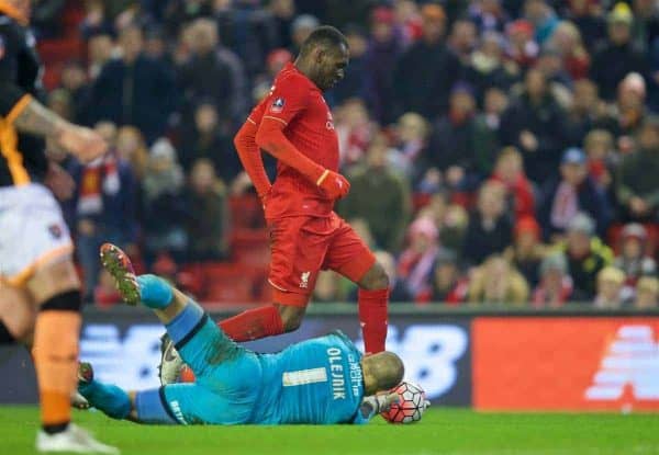 LIVERPOOL, ENGLAND - Wednesday, January 20, 2016: Liverpool's Christian Benteke is thwarted by Exeter City's goalkeeper Bobby Olejnik during the FA Cup 3rd Round Replay match at Anfield. (Pic by David Rawcliffe/Propaganda)