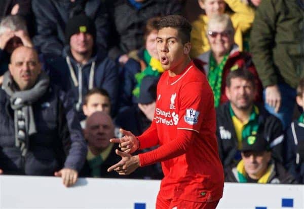 NORWICH, ENGLAND - Friday, January 22, 2016: Liverpool's Roberto Firmino celebrates scoring the first goal against Norwich City during the Premiership match at Carrow Road. (Pic by David Rawcliffe/Propaganda)