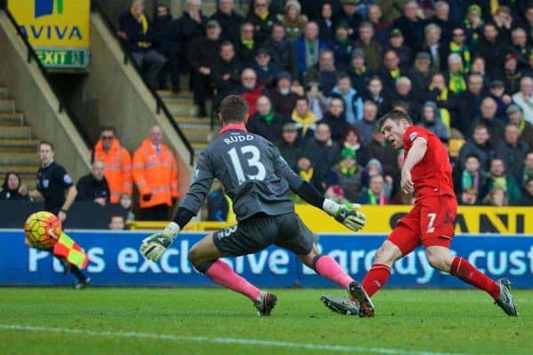 NORWICH, ENGLAND - Friday, January 22, 2016: Liverpool's James Milner scores the fourth goal against Norwich City during the Premiership match at Carrow Road. (Pic by David Rawcliffe/Propaganda)