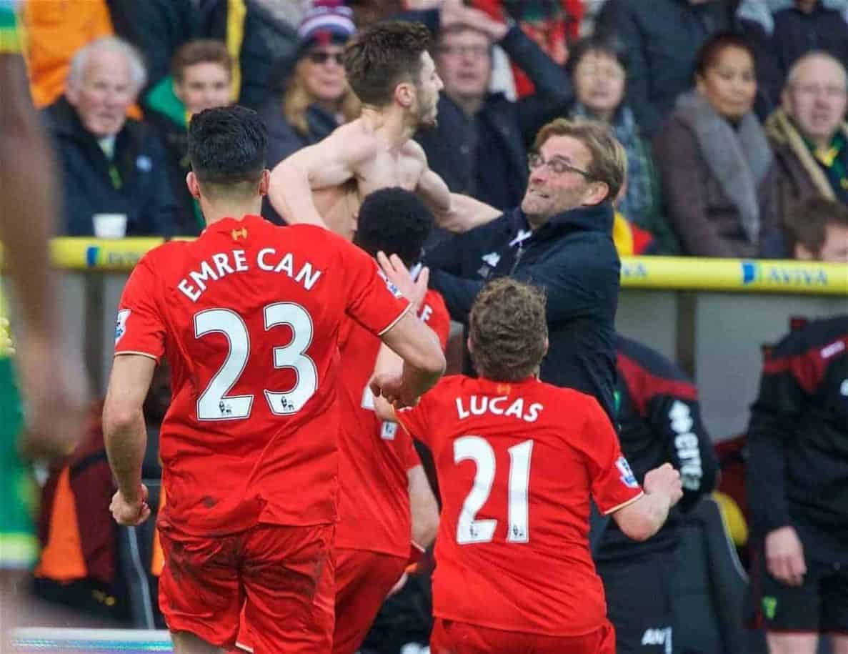 NORWICH, ENGLAND - Friday, January 22, 2016: Liverpool's Adam Lallana celebrates scoring the fifth, and winning, goal against Norwich City to seal a late 5-4 victory with manager Jürgen Klopp during the Premiership match at Carrow Road. (Pic by David Rawcliffe/Propaganda)