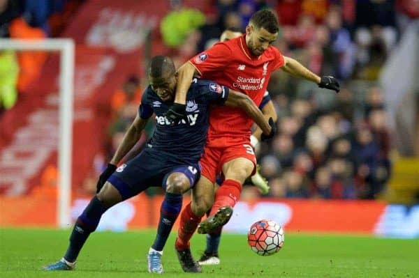 LIVERPOOL, ENGLAND - Saturday, January 30, 2016: Liverpool's Kevin Stewart in action against West Ham United during the FA Cup 4th Round match at Anfield. (Pic by David Rawcliffe/Propaganda)LIVERPOOL, ENGLAND - Saturday, January 30, 2016: Liverpool's Kevin Stewart in action against West Ham United during the FA Cup 4th Round match at Anfield. (Pic by David Rawcliffe/Propaganda)