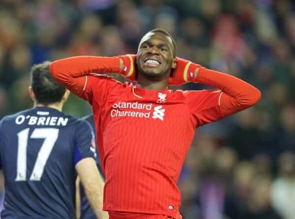 LIVERPOOL, ENGLAND - Saturday, January 30, 2016: Liverpool's Christian Benteke looks dejected after missing a chance against West Ham United during the FA Cup 4th Round match at Anfield. (Pic by David Rawcliffe/Propaganda)