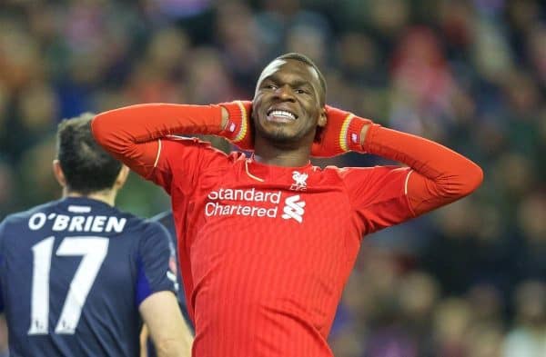 LIVERPOOL, ENGLAND - Saturday, January 30, 2016: Liverpool's Christian Benteke looks dejected after missing a chance against West Ham United during the FA Cup 4th Round match at Anfield. (Pic by David Rawcliffe/Propaganda)