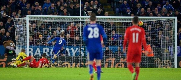 LEICESTER, ENGLAND - Monday, February 1, 2016: Leicester City's Jamie Vardy scores the second goal against Liverpool during the Premier League match at Filbert Way. (Pic by David Rawcliffe/Propaganda)