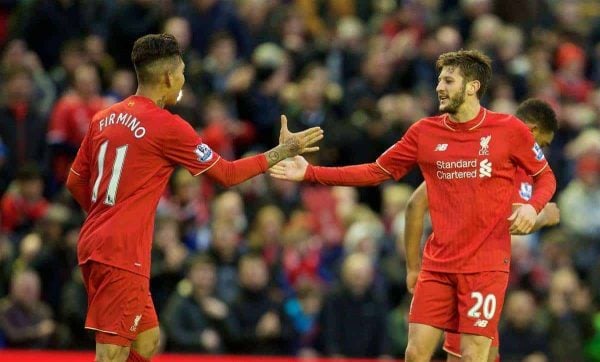 LIVERPOOL, ENGLAND - Saturday, February 6, 2016: Liverpool's Adam Lallana celebrates the second goal against Sunderland with team-mate Roberto Firmino during the Premier League match at Anfield. (Pic by David Rawcliffe/Propaganda)