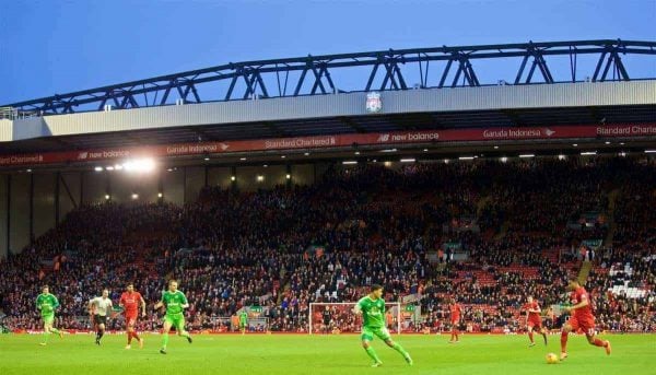 LIVERPOOL, ENGLAND - Saturday, February 6, 2016: Empty seats as Liverpool supporters stage a 77 minute walk-out in protest at ticket price increases and a £77 ticket, during the Premier League match against Sunderland at Anfield. (Pic by David Rawcliffe/Propaganda)