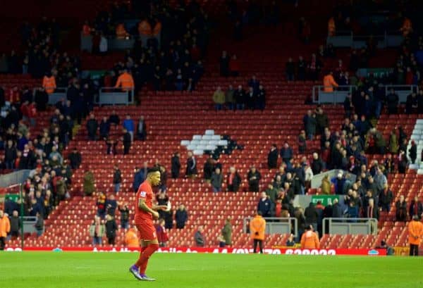 LIVERPOOL, ENGLAND - Saturday, February 6, 2016: Liverpool's Nathaniel Clyne walks off the pitch to an almost empty stadium after supporters staged a 77 minute protest against high ticket prices during the Premier League match against Sunderland at Anfield. (Pic by David Rawcliffe/Propaganda)