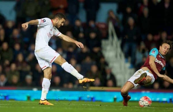 LONDON, ENGLAND - Tuesday, February 9, 2016: Liverpool's Kevin Stewart in action against West Ham United during the FA Cup 4th Round Replay match at Upton Park. (Pic by David Rawcliffe/Propaganda)