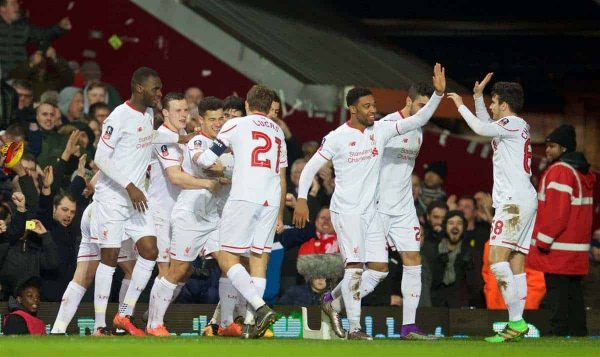 LONDON, ENGLAND - Tuesday, February 9, 2016: Liverpool's Philippe Coutinho Correia celebrates scoring the first goal against West Ham United during the FA Cup 4th Round Replay match at Upton Park. (Pic by David Rawcliffe/Propaganda)