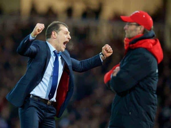 LONDON, ENGLAND - Tuesday, February 9, 2016: West Ham United's manager Slaven Bilic celebrates a late extra-time 2-1 victory over Liverpool as Reds manager Jürgen Klopp looks on dejected during the FA Cup 4th Round Replay match at Upton Park. (Pic by David Rawcliffe/Propaganda)