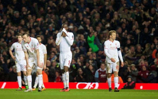 LONDON, ENGLAND - Tuesday, February 9, 2016: Liverpool's Christian Benteke and Lucas Leiva look dejected as West Ham United score a late extra-time winner to seal a 2-1 victory during the FA Cup 4th Round Replay match at Upton Park. (Pic by David Rawcliffe/Propaganda)