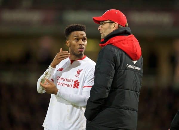 LONDON, ENGLAND - Tuesday, February 9, 2016: Liverpool's manager Jürgen Klopp and substitute Daniel Sturridge during the FA Cup 4th Round Replay match against West Ham United at Upton Park. (Pic by David Rawcliffe/Propaganda)