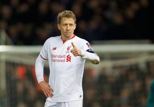 LONDON, ENGLAND - Tuesday, February 9, 2016: Liverpool's Lucas Leiva gives a thumbs up during the FA Cup 4th Round Replay match against West Ham United at Upton Park. (Pic by David Rawcliffe/Propaganda)