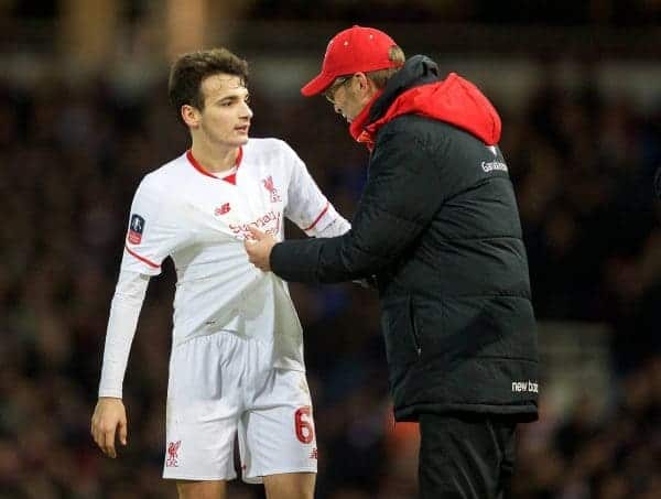 LONDON, ENGLAND - Tuesday, February 9, 2016: Liverpool's manager Jürgen Klopp and Pedro Chirivella during the FA Cup 4th Round Replay match against West Ham United at Upton Park. (Pic by David Rawcliffe/Propaganda)